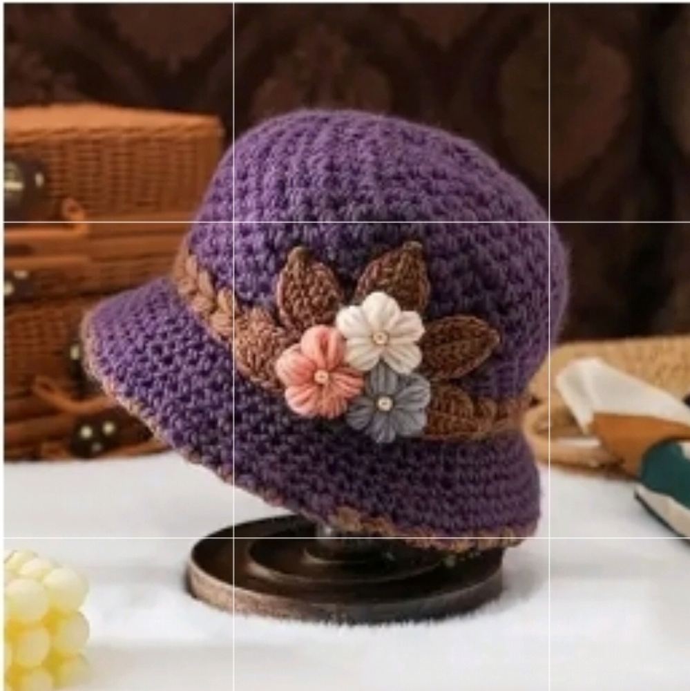 Crochet Knit 3-Flowers Cloche Hat Lined, Lightweight Warm, Purple, NEW